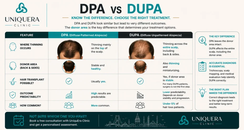 Diffuse Unpatterned Hair Loss (DUPA): Can You Still Get a Hair Transplant? 1 dpa vs dupa